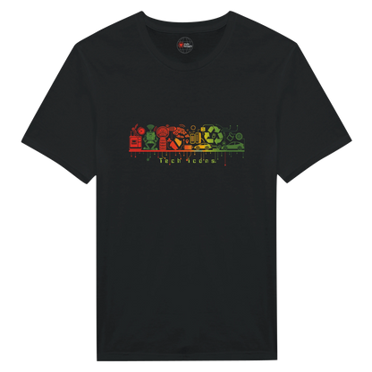 Black t-shirt with colorful graphic design on a white background