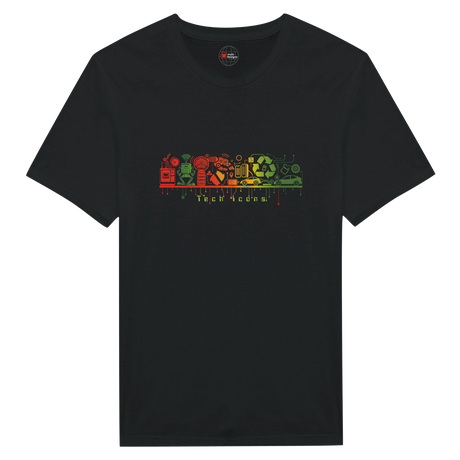 Black t-shirt with colorful graphic design on a white background