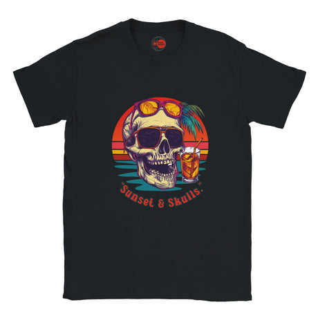 Black t-shirt with a colorful skull design and 'Sunset & Skulls' text on a white background