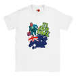 White t-shirt with a graphic design featuring a map of Australia, a flag, and text on a white background.