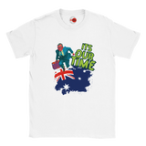 White t-shirt with a graphic design featuring a map of Australia, a flag, and text on a white background.