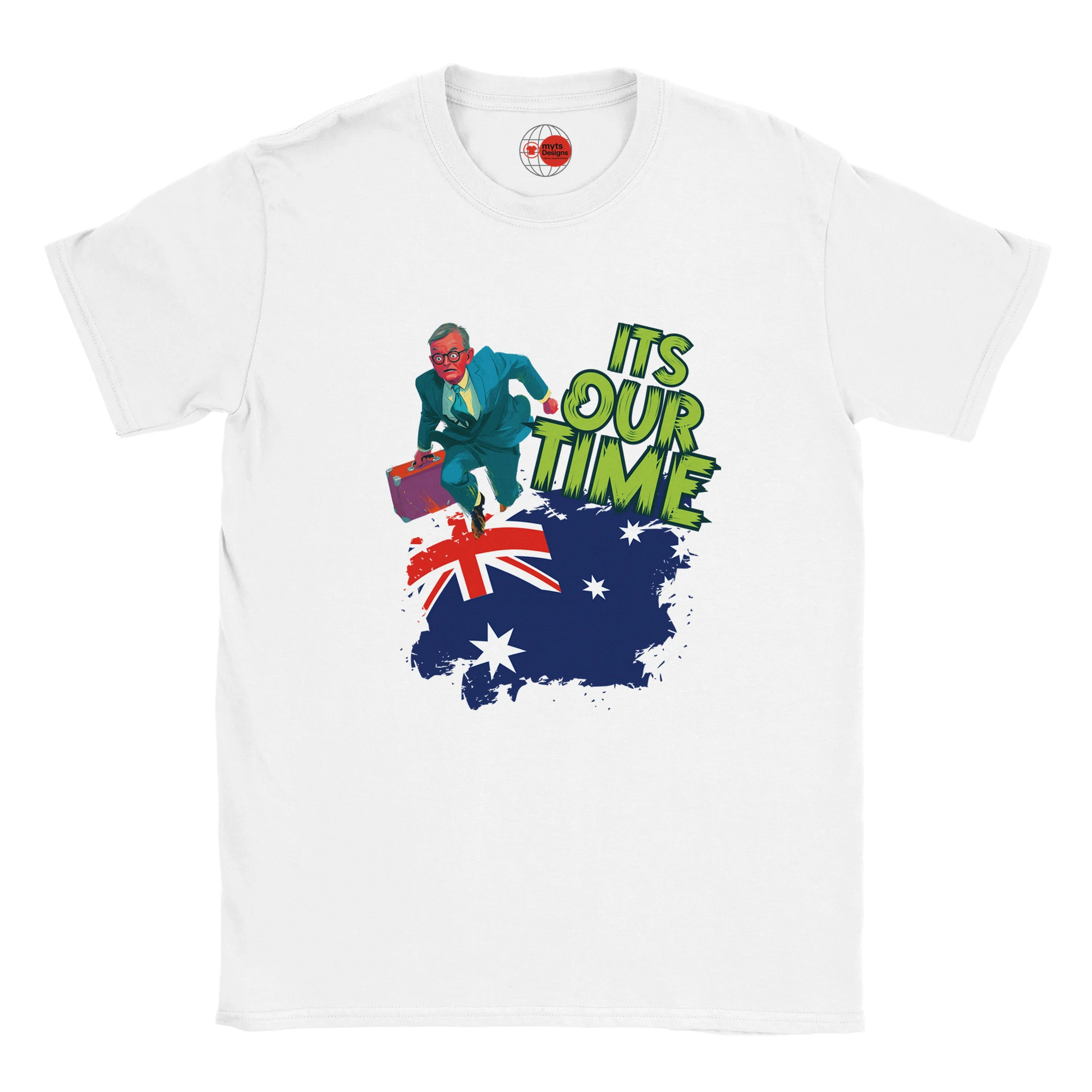 White t-shirt with a graphic design featuring a map of Australia, a flag, and text on a white background.