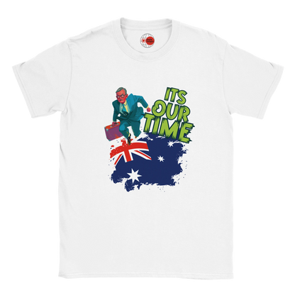 White t-shirt with a graphic design featuring a map of Australia, a flag, and text on a white background.