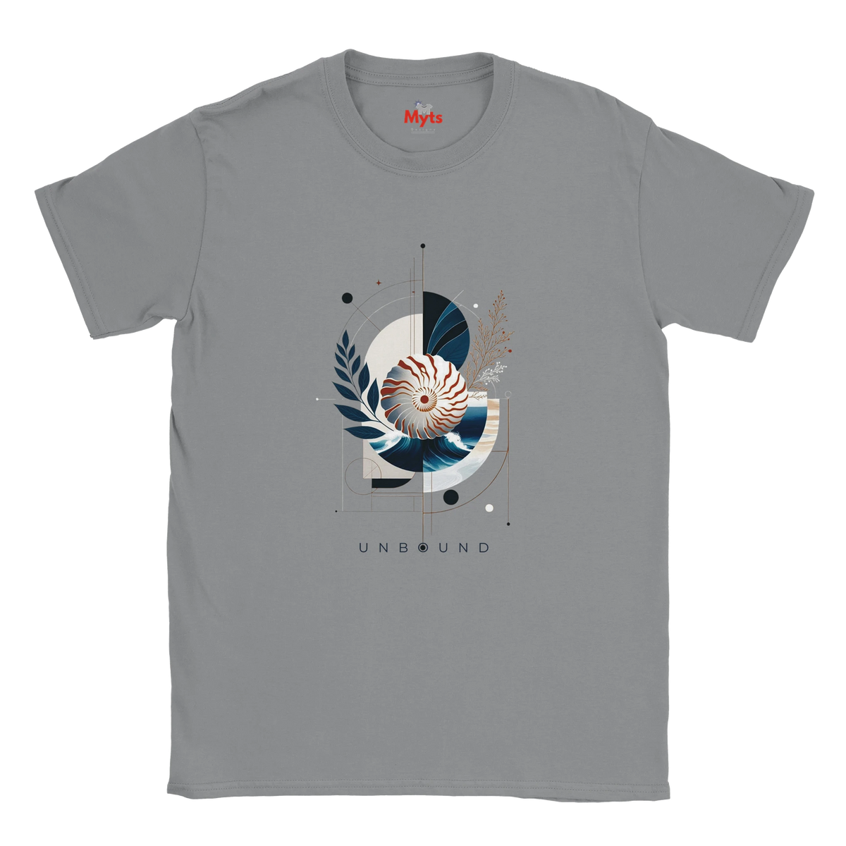 "A sports grey Coastal Nautilus graphic T-shirt, flat front view”