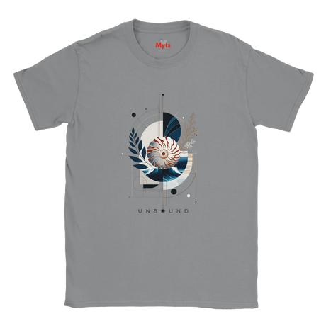 "A sports grey Coastal Nautilus graphic T-shirt, flat front view”