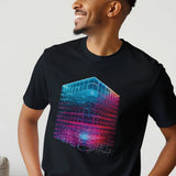 Person wearing a black t-shirt with a colorful geometric design on a plain background