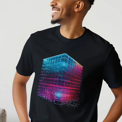 Person wearing a black t-shirt with a colorful geometric design on a plain background