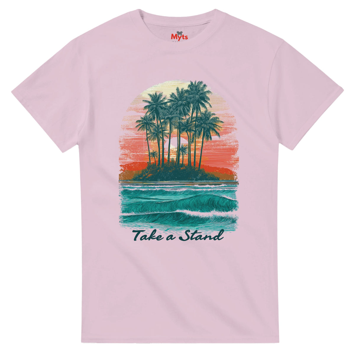 Pink t-shirt with a tropical island graphic and 'Take a Stand' text on a white background