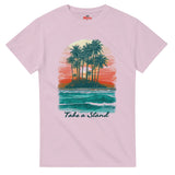 Pink t-shirt with a tropical island graphic and 'Take a Stand' text on a white background