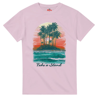 Pink t-shirt with a tropical island graphic and 'Take a Stand' text on a white background