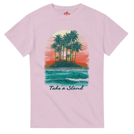 Pink t-shirt with a tropical island graphic and 'Take a Stand' text on a white background