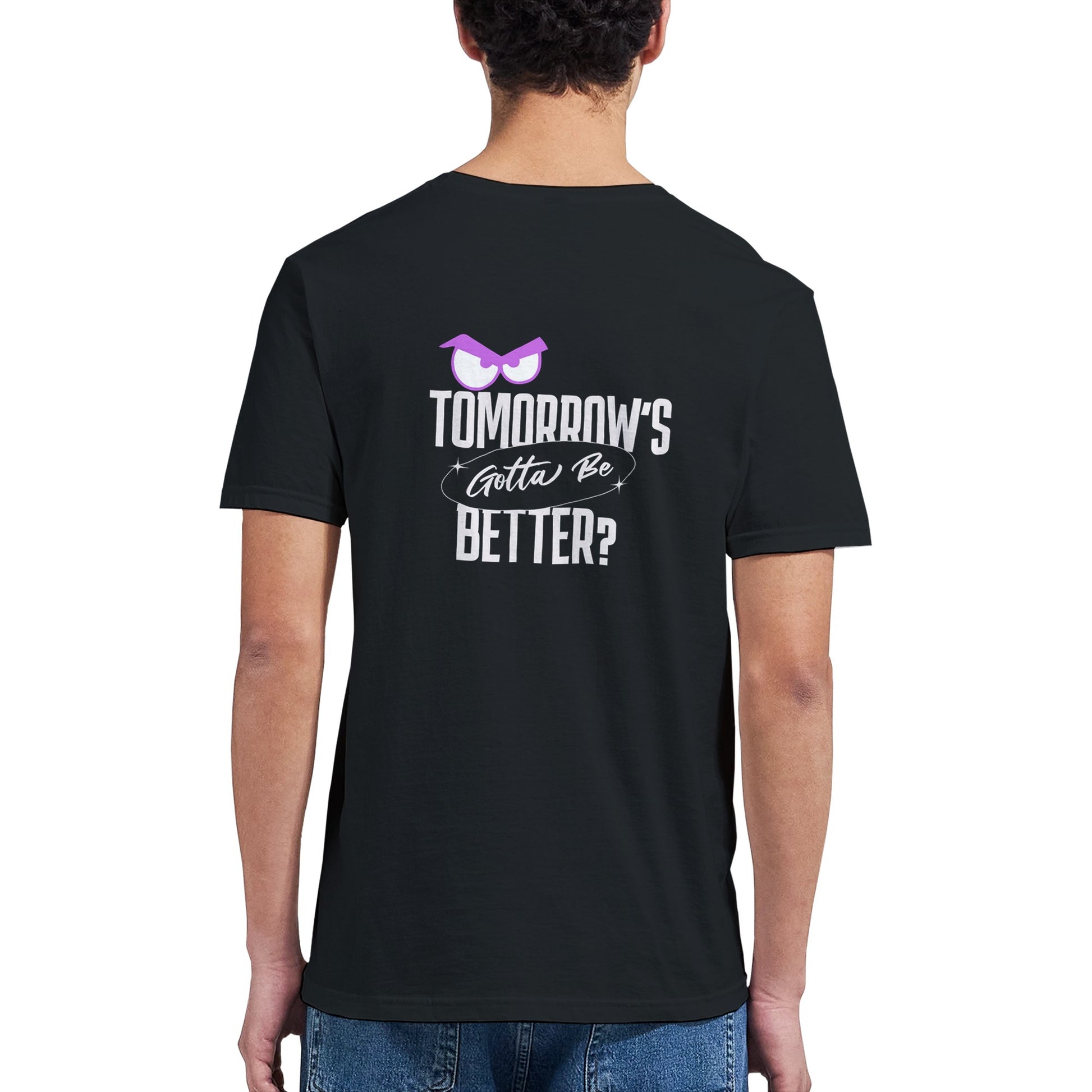 Person wearing a black t-shirt with text and butterfly graphic on the back, on a white background