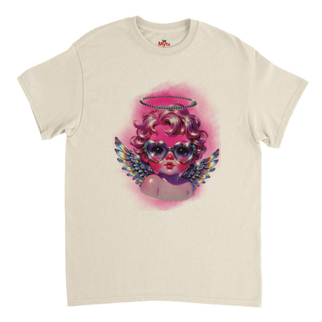 Natural (beige) t-shirt with a colorful graphic design of an angelic face on a white background