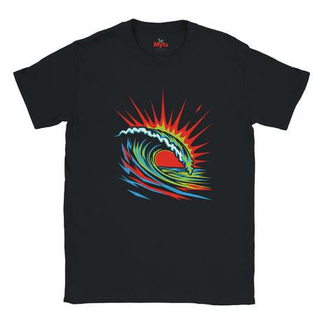 Black t-shirt with a colorful wave design on a white background