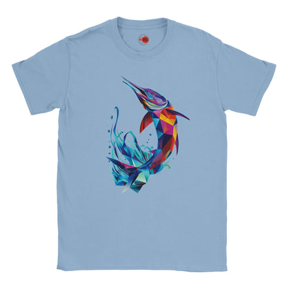 Light blue t-shirt with a colorful fish graphic on a white background