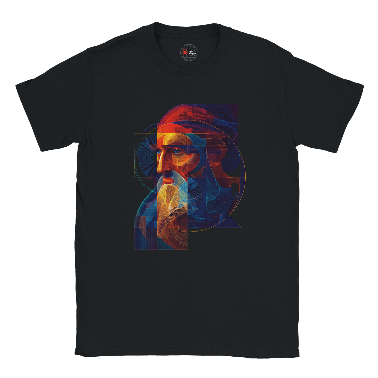 Black t-shirt with a colorful graphic design on a white background