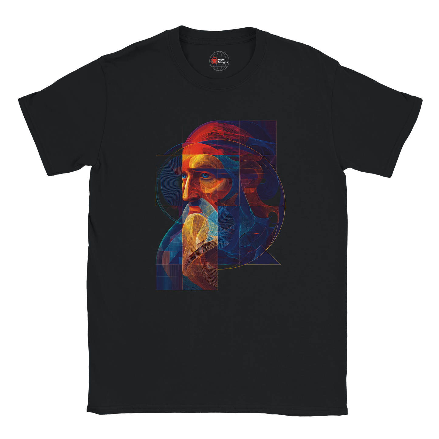 Black t-shirt with a colorful graphic design on a white background