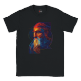 Black t-shirt with a colorful graphic design on a white background