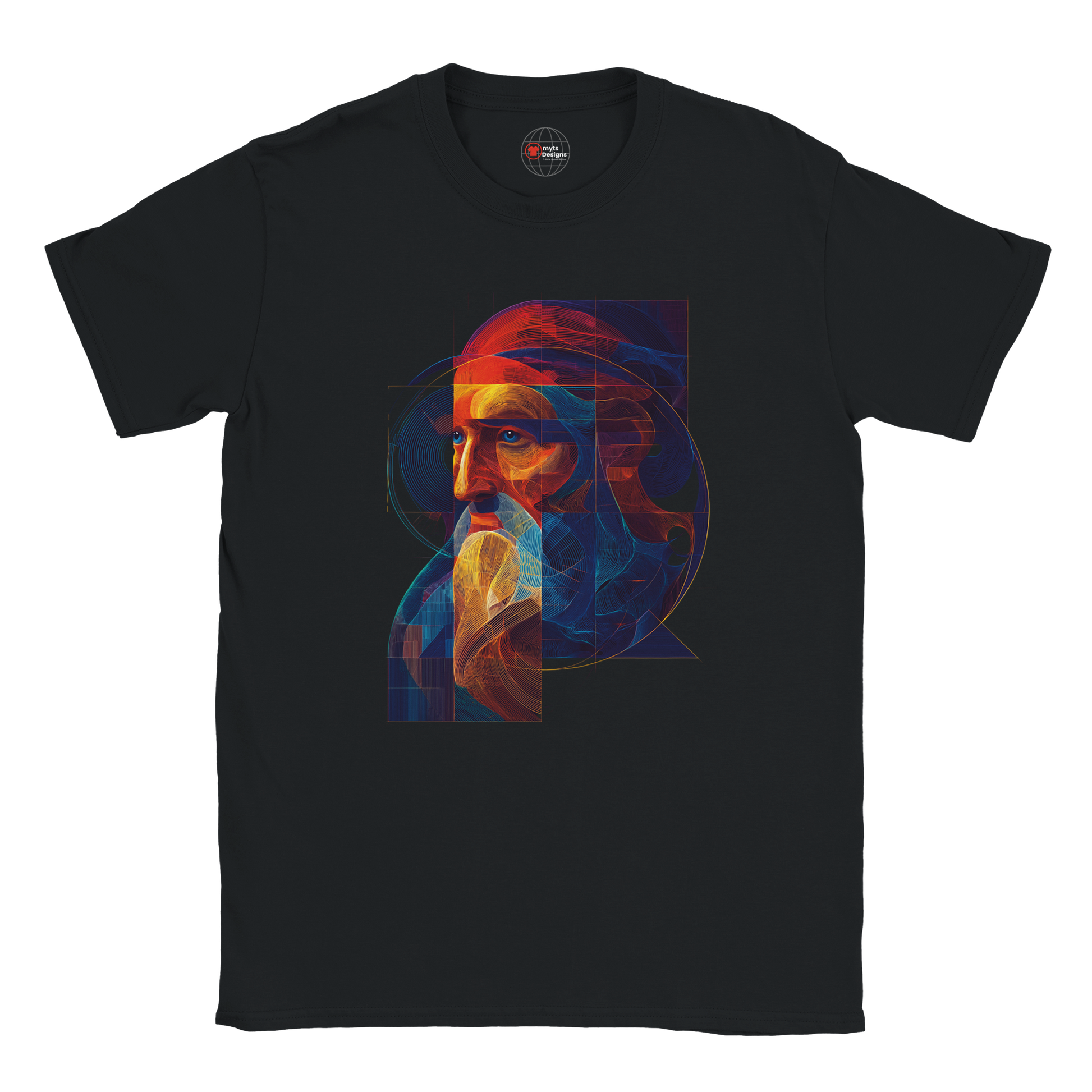 Black t-shirt with a colorful graphic design on a white background