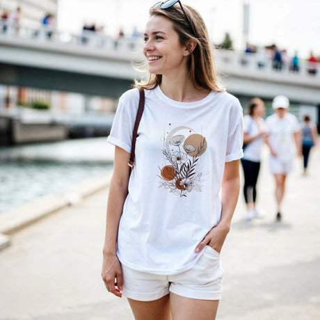 A woman wearing a white t-shirt with a graphic design, standing outdoors near a waterfront.