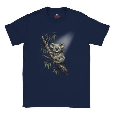 A navy blue short-sleeve crewneck t-shirt featuring a graphic print of a koala sitting on a tree branch with eucalyptus leaves, set against a plain white background.