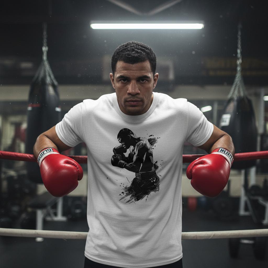 Person wearing a white t-shirt with a black silhouette design and red boxing gloves in a boxing ring.