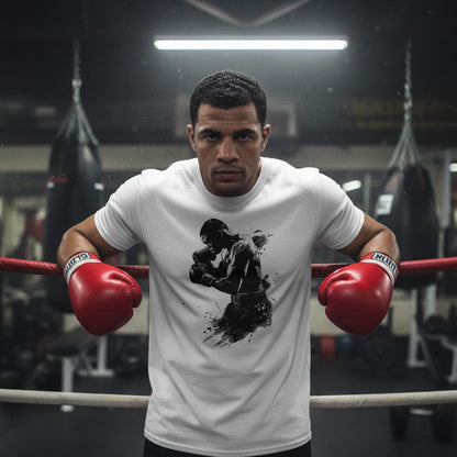 Person wearing a white t-shirt with a black silhouette design and red boxing gloves in a boxing ring.