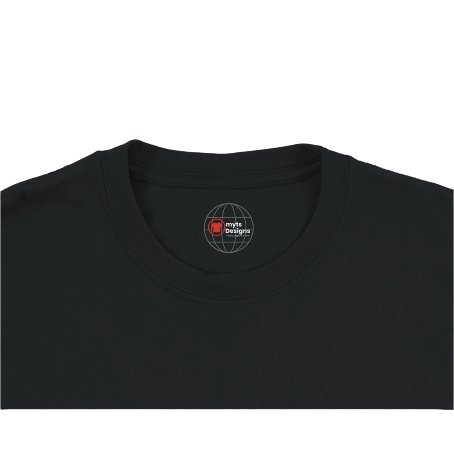 Black t-shirt with a logo on the collar against a white background