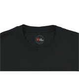 Black t-shirt with a logo on the collar against a white background