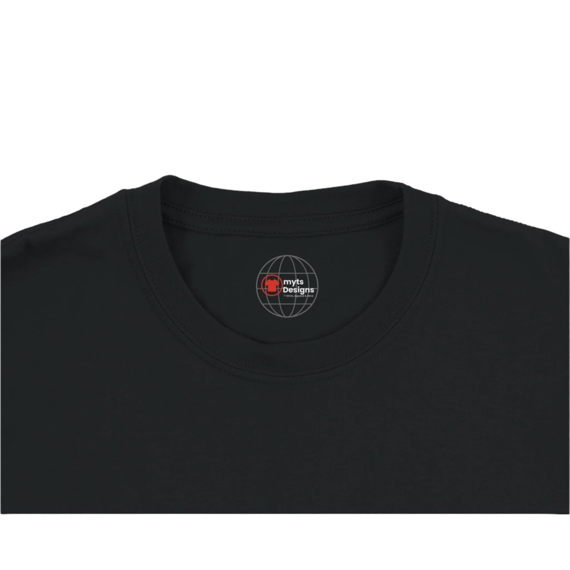 Black t-shirt with a logo on the collar against a white background