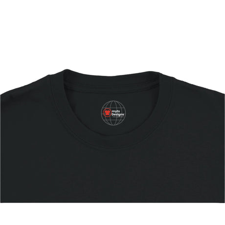 Black t-shirt with a logo on the collar against a white background