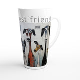 A white ceramic latte mug featuring a colorful illustration of various dog breeds and the text 'best friend' printed on the side, set against a plain white background.