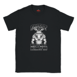 Black unisex t-shirt featuring a muscular donkey graphic with “Sweet But I Will Headbutt You” slogan by MytsDesigns.