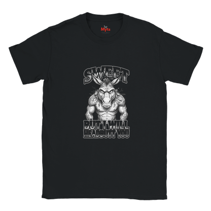 Black unisex t-shirt featuring a muscular donkey graphic with “Sweet But I Will Headbutt You” slogan by MytsDesigns.