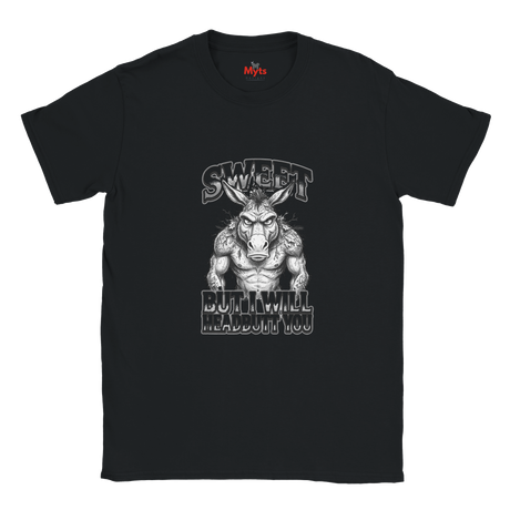 Black unisex t-shirt featuring a muscular donkey graphic with “Sweet But I Will Headbutt You” slogan by MytsDesigns.