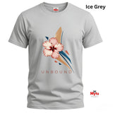 Ice Grey crew-neck T-shirt featuring the UNBOUND pink hibiscus flower and minimalist navy and beige abstract design.