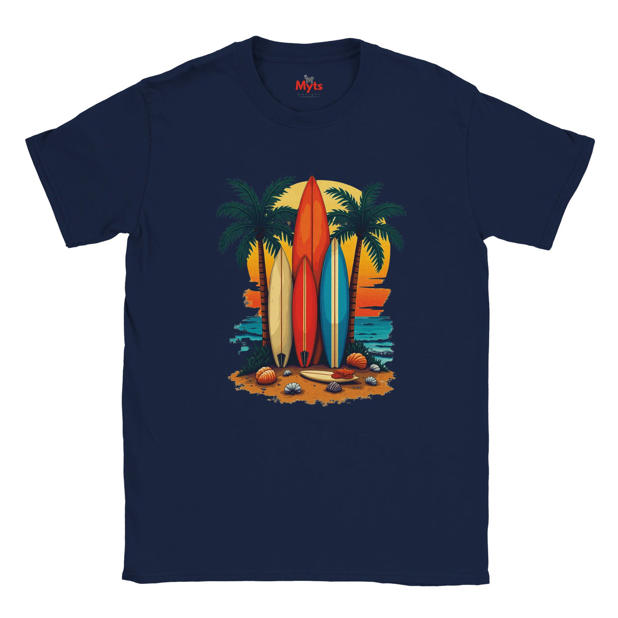 Navy blue t-shirt with a colorful surfboard design on a white background