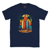 Navy blue t-shirt with a colorful surfboard design on a white background