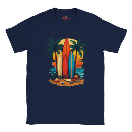 Navy blue t-shirt with a colorful surfboard design on a white background