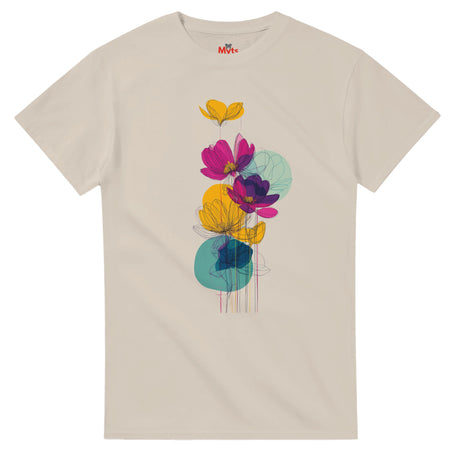Sand t-shirt with colorful floral design on a white background