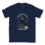 Navy blue t-shirt with a crow graphic and text on a white background