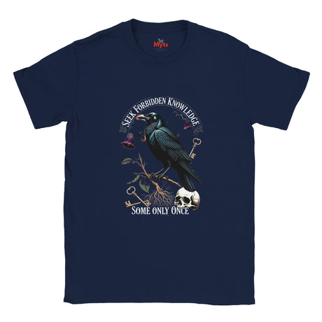 Navy blue t-shirt with a crow graphic and text on a white background