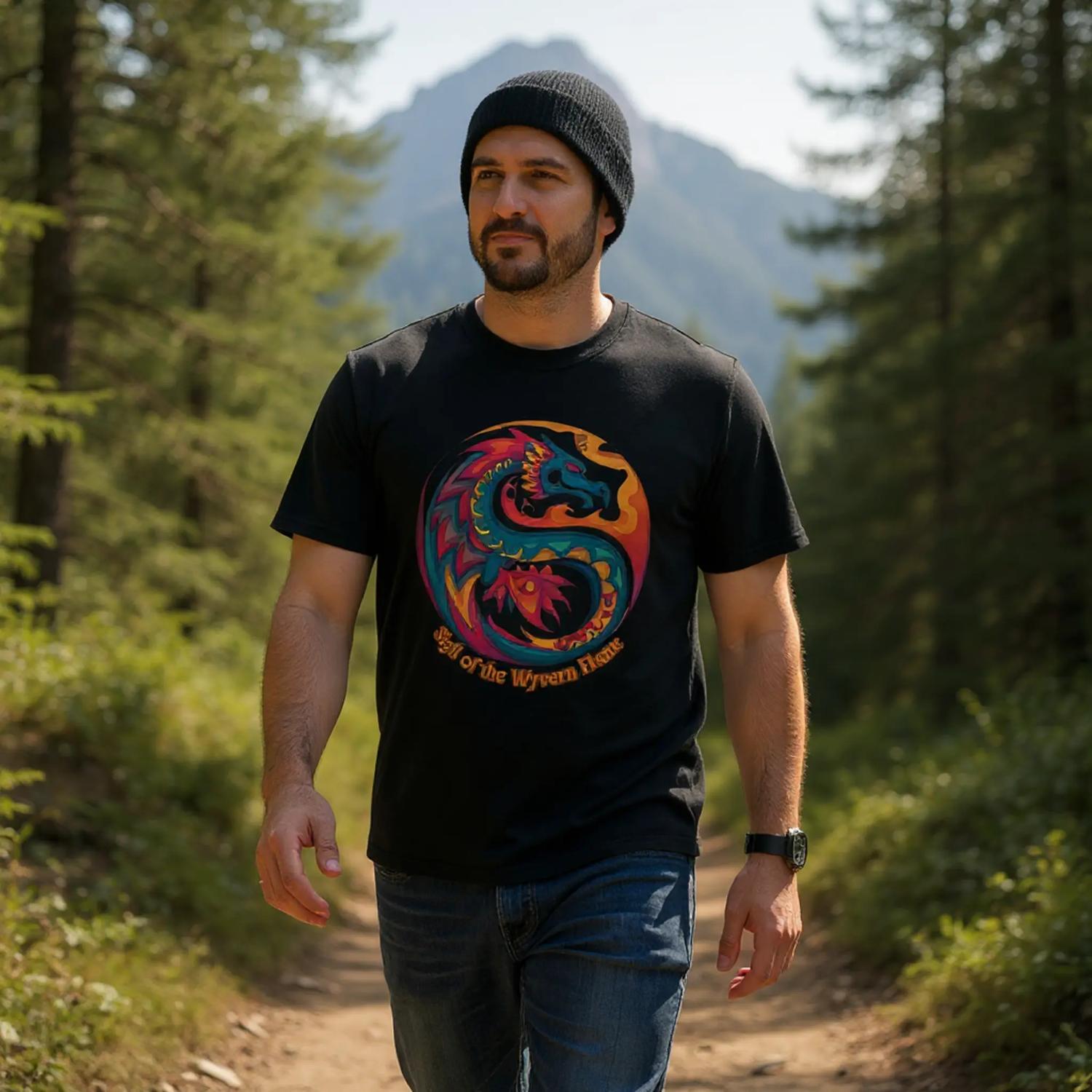 Front view of a man walking in the country wearing a  black T‑shirt featuring a bold dragon symbol graphic centered on a soft cotton tee