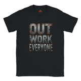 Black t-shirt with a graphic design and text on a white background
