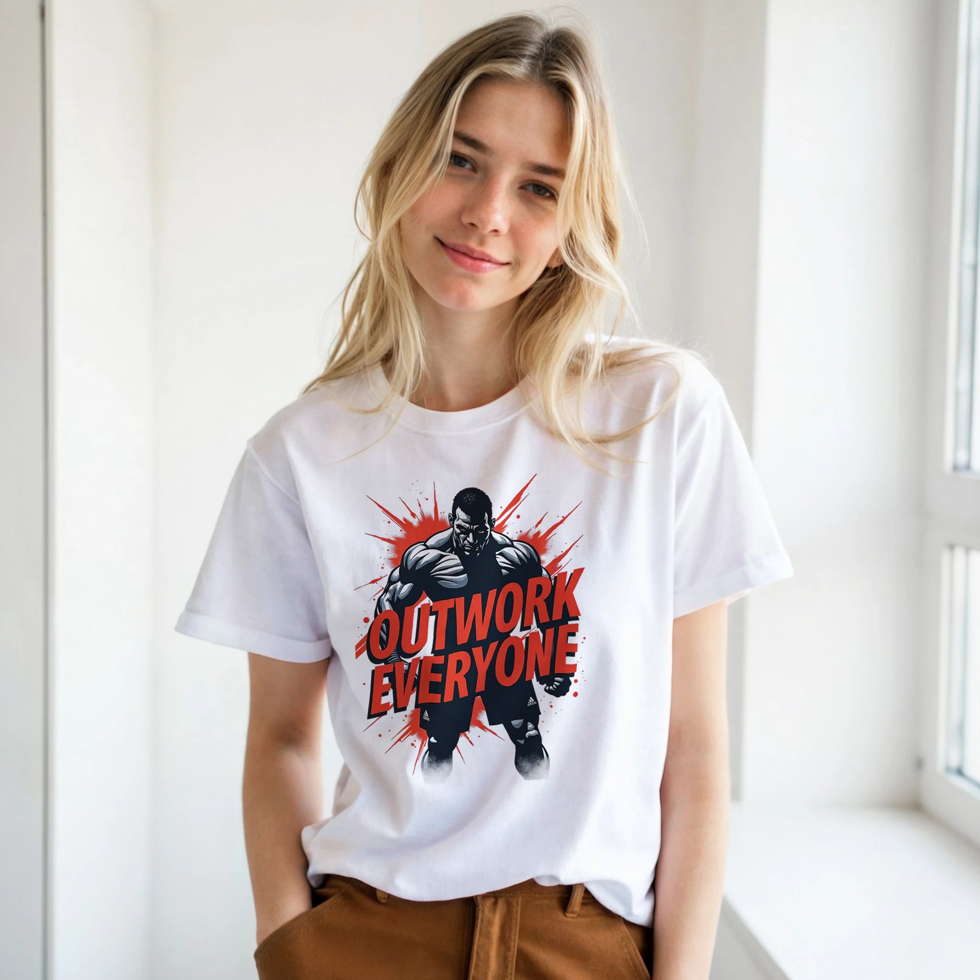 Person wearing a white t-shirt with a graphic design and text.