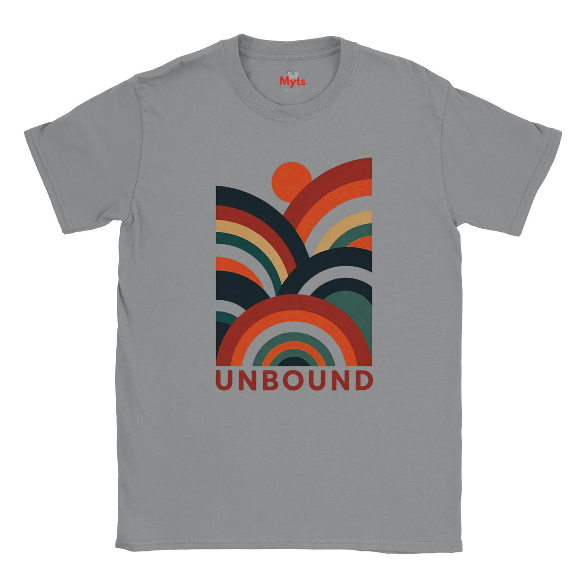 A gray short-sleeve crewneck t-shirt featuring a retro 70s-style multicolor rainbow graphic with the word 'UNBOUND' printed in red below it. The brand name 'Mylt' is visible on the inner neck label.