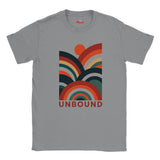 A gray short-sleeve crewneck t-shirt featuring a retro 70s-style multicolor rainbow graphic with the word 'UNBOUND' printed in red below it. The brand name 'Mylt' is visible on the inner neck label.