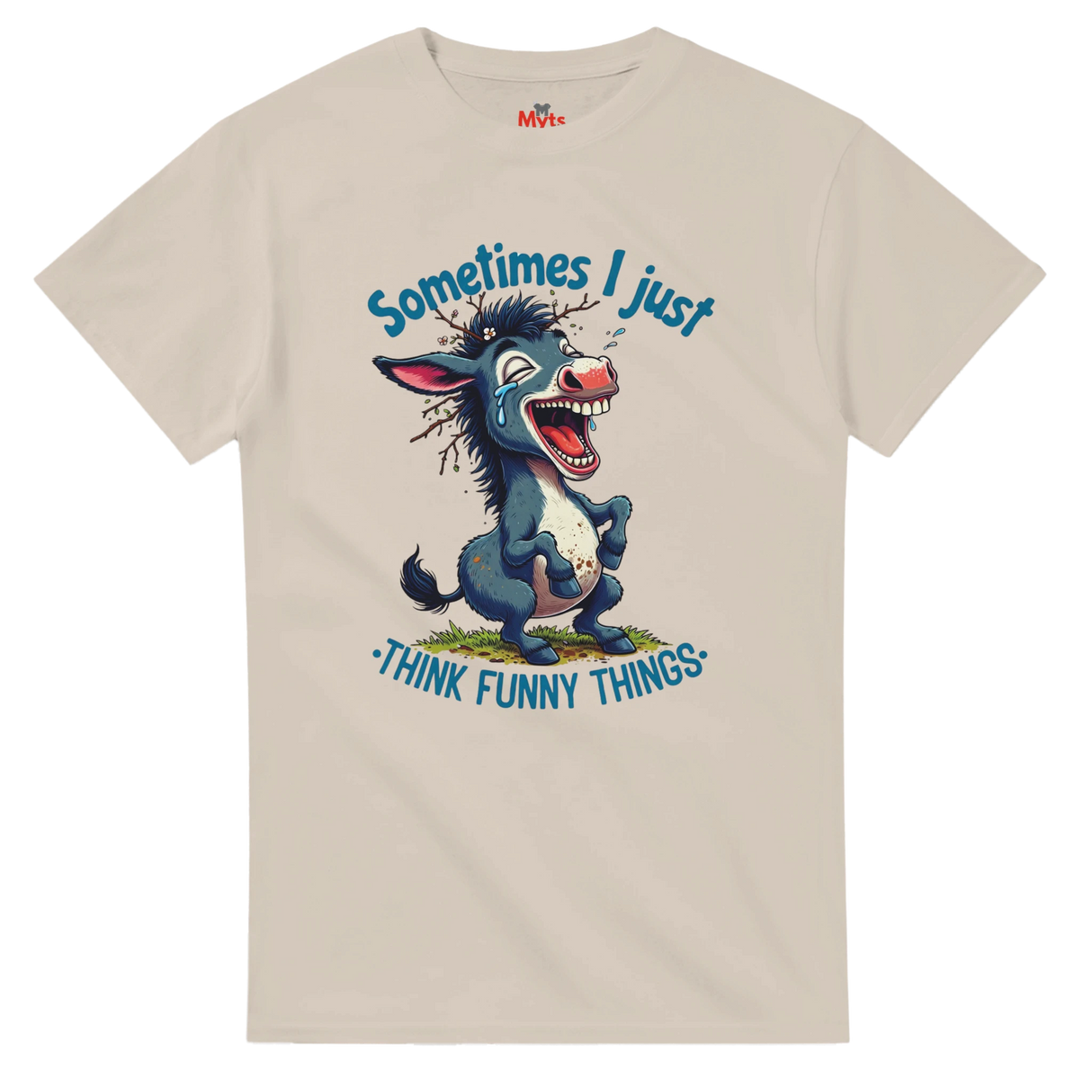 Beige t-shirt with cartoon donkey and humorous text on a white background