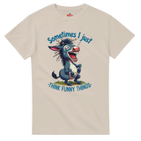 Beige t-shirt with cartoon donkey and humorous text on a white background