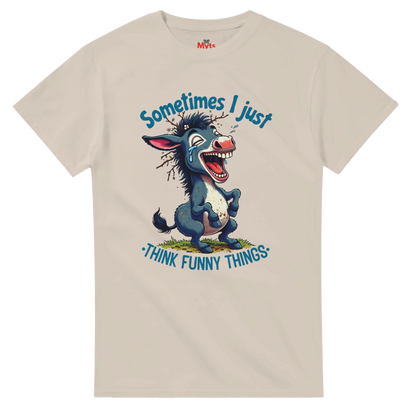 Beige t-shirt with cartoon donkey and humorous text on a white background